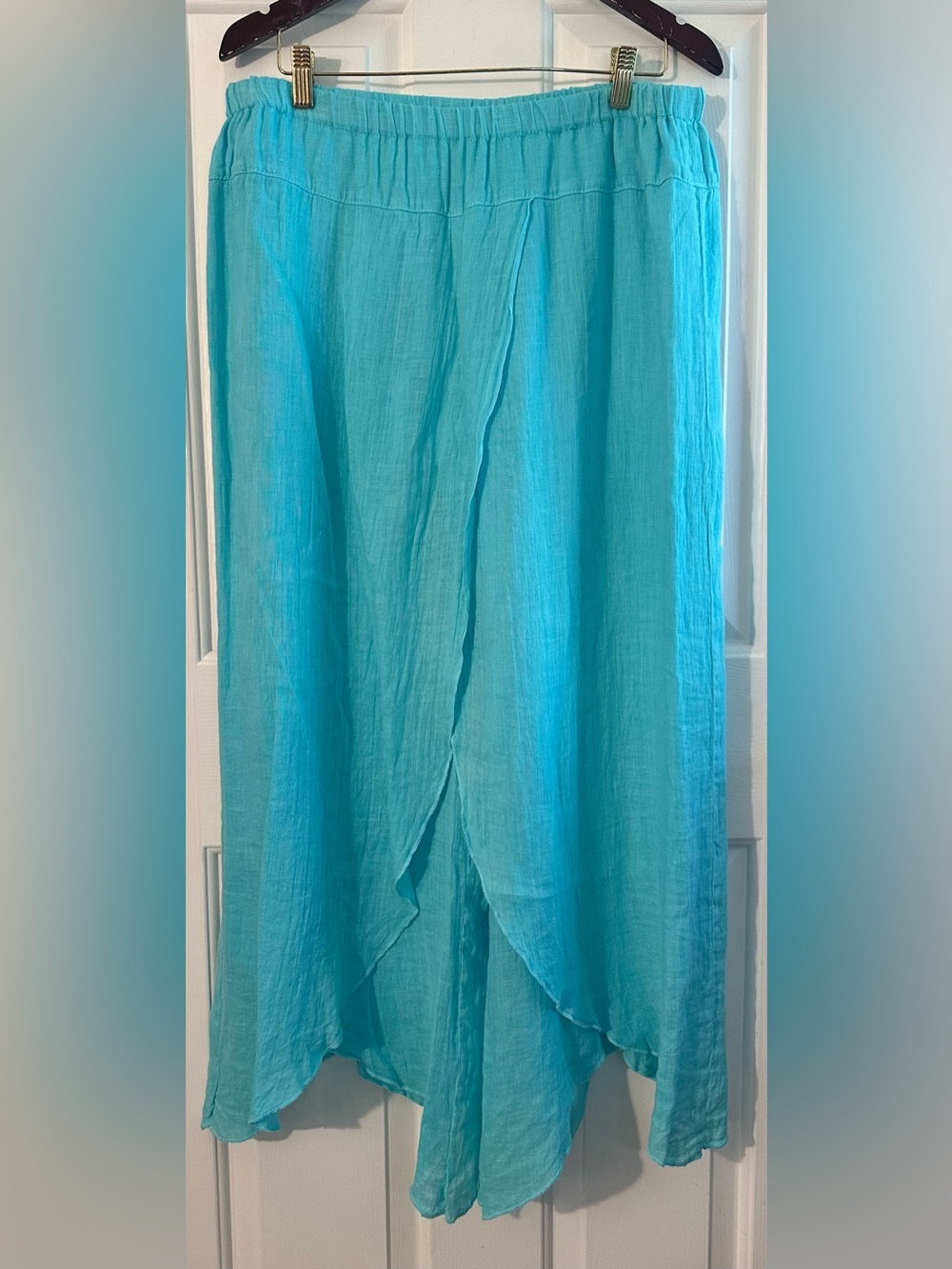CLICK XL MADE USA Linen Turquoise Gaucho Pants Tulip Hem Resort Coastal Beachy